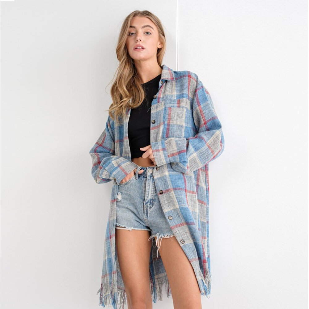Plaid button down long shirt cardigan- daily check cardigan, bohemian dusters